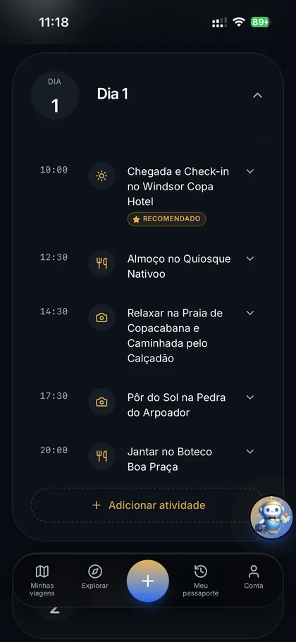 Roteiro dia a dia com horários gerado pela IA